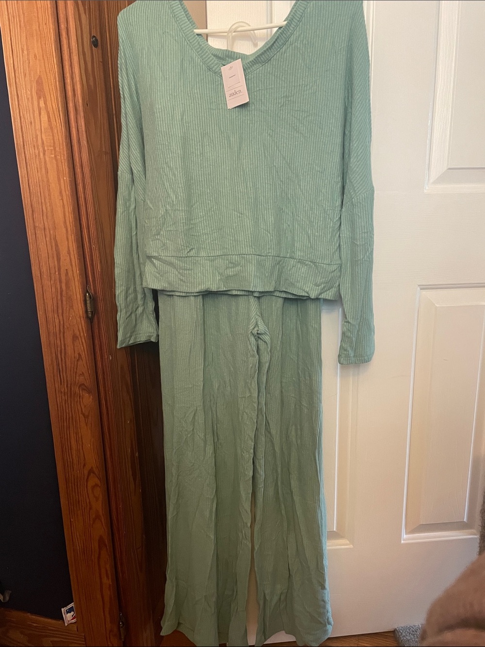 Auden Sage Green Ribbed Knit Lounge Set (Top & Pants)